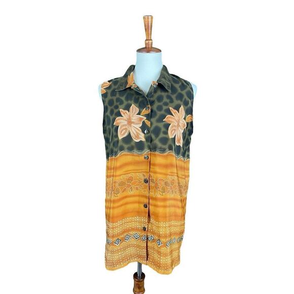 Marla Kim Olive Green & Rust Top Women Size Large Sleeveless Button Down Vintage - Picture 6 of 11